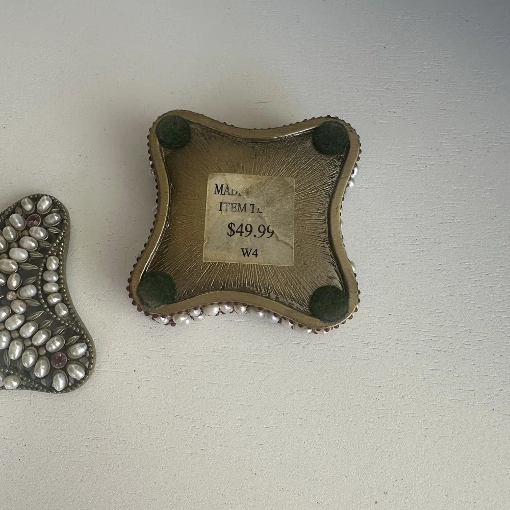 Vintage Pearl‎ & Rhinestone Encrusted Metal Trinket Box 2.5